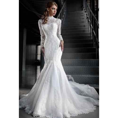 Elegant High Neck Full Sleeve Mermaid Wedding Dresses Corset Lace Appliqued Wedding Gowns