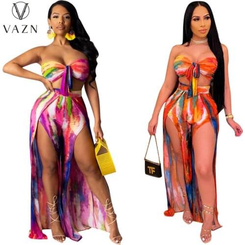 VAZN 2020 Fashion Sleeveless Print Beach Boho Sunshine Thin Set Tracksuit Sexy Suit Two Piece Set Sport Running Lady Sets