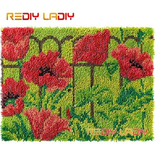 Latch Hook Rug Red Poppies Crocheting Wall Tapestry Kits DIY Carpet Rug Chunky Yarn Needlework Knitted Floor Mat Hobby & Crafts