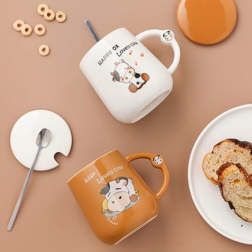 400ml Cartoon Cow Mug Ceramic Cup with Spoon Can Be Used At Home and Office Lovely Animal Print, Milk, Coffee Glass Set