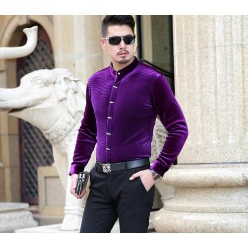 New Design Autumn & Winter Mens Fashion Solid Color Velvet Shirt Business Casual Male Long Sleeve Gold Velvet Dress Shirts
