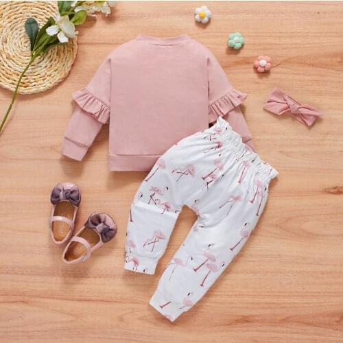 Three Piece Baby Girl’s Clothes Fashion Solid Color Long Sleeve Tops and Flamingo Long Pants with Headband 2021 New Fashion