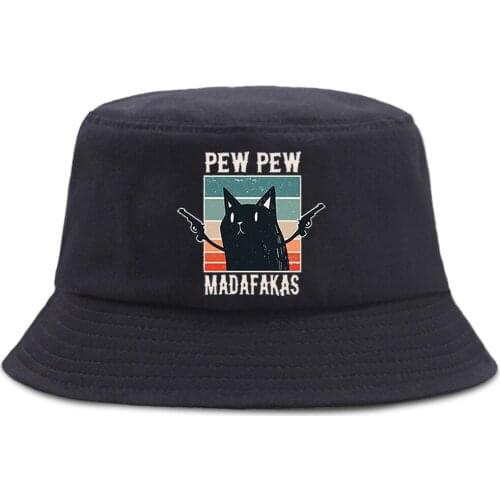 Pew Pew Madafakas Bucket Caps Hip Hop Black Cat Beach Sun Hat Casual Outdoor Cartoon Fisherman Hats Unisex Summer New Panama Cap