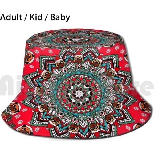 Mandala Christmas Pug Bucket Hat Adult kid baby Beach Sun Hats Sparkling Beautifully Home Christmas Presents Good Vibe