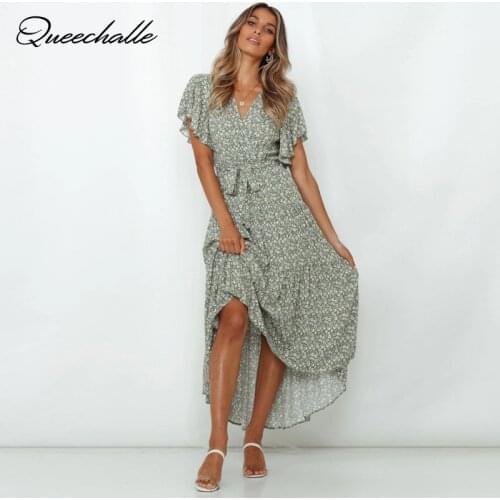 Elegant Floral Print Butterfly Sleeve Summer Dress Women Asymmetric Casual V Neck Sashes A-line Dress Party Boho Midi Vestidos