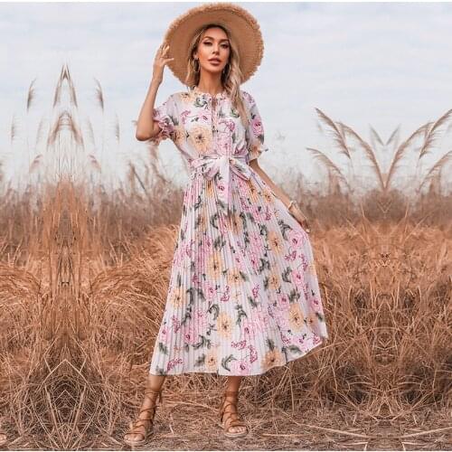 Printed Ruffled Sleeves Dress Women summer Lace-up Slim Pleated Dress Mid-length Dresses Holiday Beach Feminina LR1662