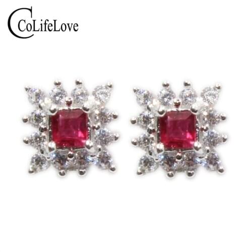 CoLife Jewelry cute ruby stud earrings 2.5 mm square natural ruby silver earrings solid 925 silver ruby stud earrings girl gift