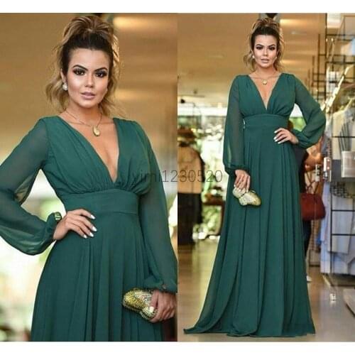 Hunter Green Mother of the Bride Dresses V Neck Long Sleeve A Line Chiffon Formal Evening Party Gowns Special Occasion Dress