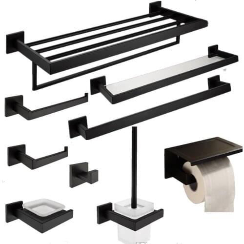 Modern Black Square Bathroom Hardware Set ,wall mounted towel rack ,single robe hook paper holder for bathroom accessories set