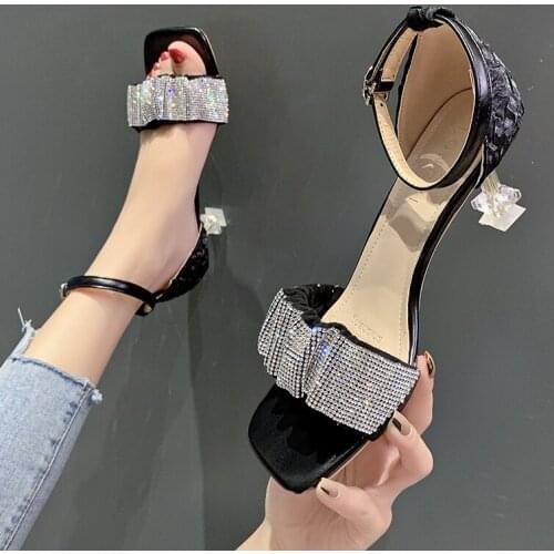 Rhinestones Pleated modern sandals women summer thin high heels shoes crystal pumps buckle belt cover heels sandalias mujer 2021