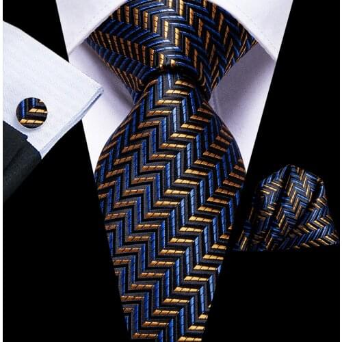 Hi-Tie Navy Blue Gold Striped Silk Wedding Tie For Men Handky Cufflink Fashion Designer Gift Tie For Men Necktie Business Party