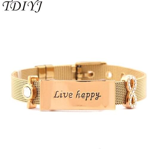 TDIYJ New Collocation Gold Stainless Steel Mesh Bracelet with Gold Slide Live Happy Infinity Keeper Charms as Women Gifts 1Set