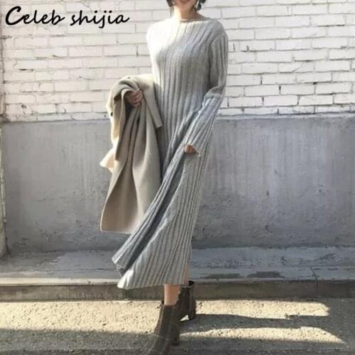Gray Striped Knit Maxi Dress Woman Autumn 2021 O-Neck Elegant Long Sweater Female Korean Knitted Bodycon Dress Winter Clothing