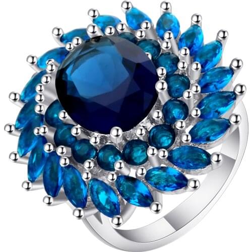 UFOORO Hyperbolic Royal Blue Zircon Flower Rings Female Silver Plated Beautiful CZ Round Design Big Rings For Women Dropshipping