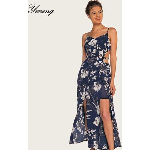 YMING Womens Summer Beach Sling Tube Top V-neck Dress Elegant Floral Dresses Open-back Long Printed Dresses Women Beach Dresses
