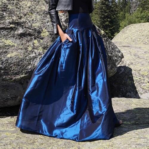 England Style Taffeta Long Skirts For Women Puffy Floor Length Maxi Skirt With Pockets Wide Waist Pleated Female Skirts Saia