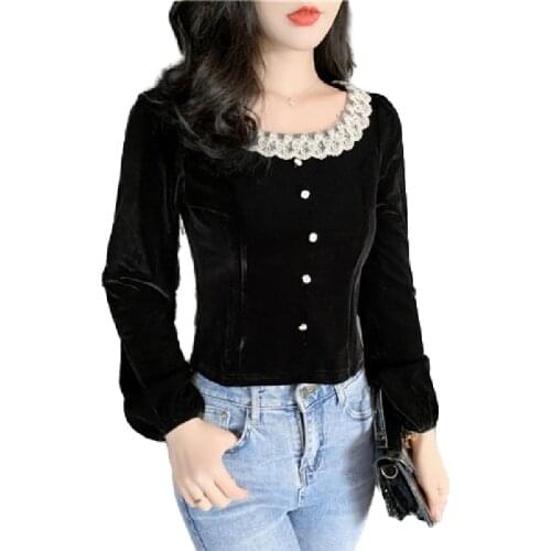 Womens Spring Autumn Style Velvet Blouse Shirt Womens O-Neck Button Long Sleeve Lace Patchwork Elegant Tops SP908