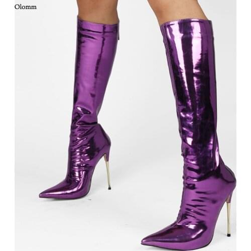 Olomm Hot Women Winter Shiny Knee High Boots Metal Stiletto Heel Pointed Toe Gorgeous Gold Purple Party Shoes Women US Size 5-13