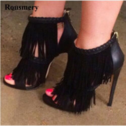 New Design Women Fashion Open Toe Tassels Gladiator Sandals Back Zipper-up Thin Heel Ankle Sandals Formal Dress Shoes
