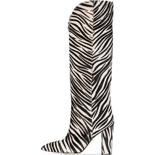 Womens Long Boots Striped Horse Hair Thick High Heel Pointed Toe Over The Knee High Boots Sexy Leopard Shoes Botas Mujer Bootie