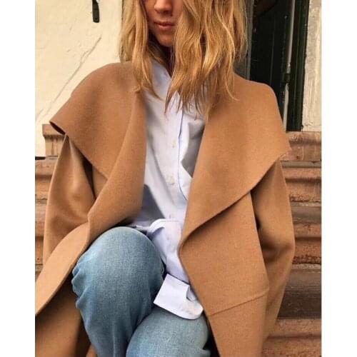 Womens Woolen Coat Cardigan Loose Winter Long Sleeve Casual Large Turn-Down Collar Jacket Female Outwear Top with Pockets