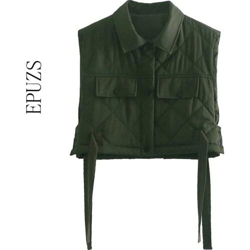 ZA 2021 Chic Green Pocekts Cropped Vests Women Waistcoat Fashion Buttons Tie Turn-down Collar sleeveless outwear