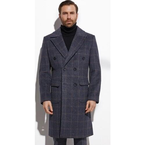 2020 Winter Topcoat Double Breasted Navy Windowpane Long Coat Custom Made Heavy Warm Wool Blend Tailored Slim Long Jacket Autumn