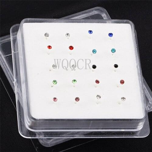 20Pcs/Box Straight Pin Color mixing With 1/2/3mm Crystal Nose Piercing Body Jewelry Nose Studs Rings Piercing Pin Body Jewelry