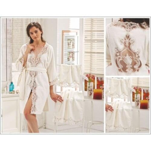 Bamboo Towel French lace Luxury Lady Women Bathrobe Set Robe Head Towel Foot Towel Fragrance Stone