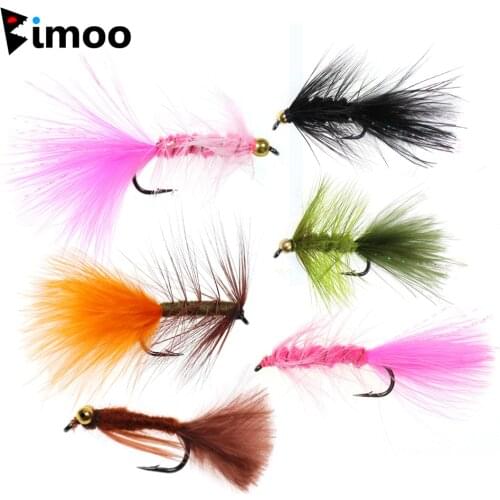 Bimoo 6pcs #4 - #10 Woolly Bugger Streamers Fly Standard/Brass Head Fishing Flies Bass Trout Fishing Lure Bait Pink Orange Olive