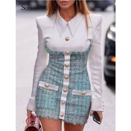 OL Thick Elegant T-shirt Dress Women Winter Single-Breasted Patchwork Vestido Female Trun-down Collar Bussiness A- Line Dress