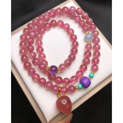Natural Pink Crystal Strawberry Pendant Bracelet Women Genuine Crystals Beads Elastic Beaded Multi-turn Amulet Bracelets Bangles