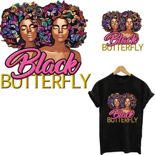 Black Girl Butterfly Iron On Patches For Clothing DIY Girl T-shirt Hooides Thermal Sticker Clothes Beauty African Patch Applique