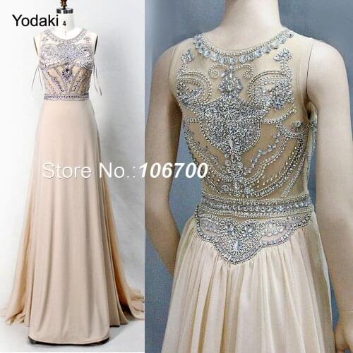 Real Photo Long Evening Dress Gown Illusion See Through Back Crystal Beaded Jersey Prom Dresses Chiffon train Nude Red Black