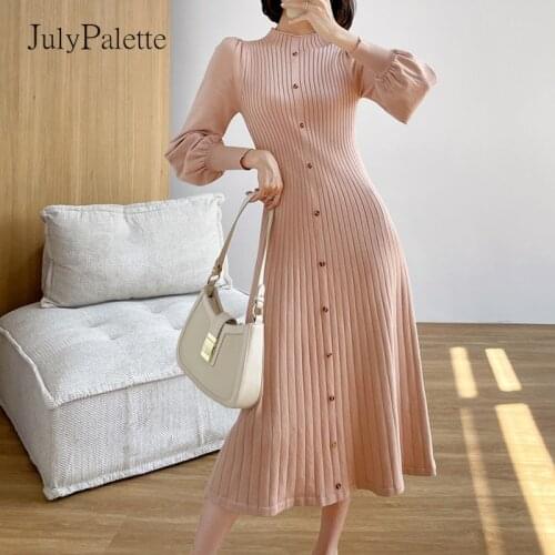 JulyPalette Women Half High Collar Midi-length Sweater Dress Autumn Winter Chic Female Puff Sleeve Slim Lady Solid Knitted Dress