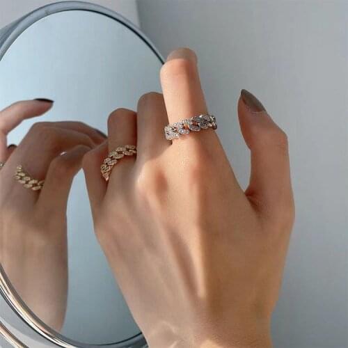 Korean Light Luxury Adjustable Rhinestone Paved Braid Chain Ring for Womens 14k Gold Rose Gold Silver Fairy Crystal Jewelry