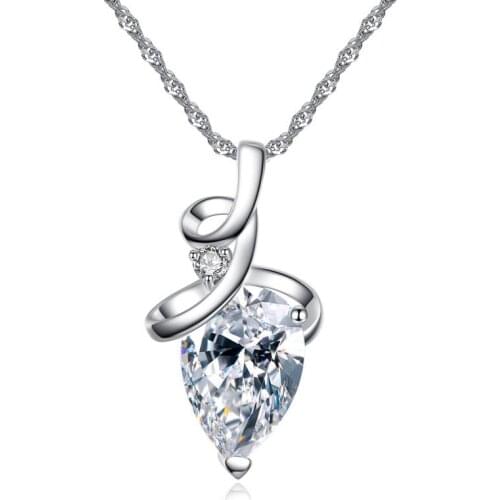 Human heart shape hanging pendant necklace setting cubic zirconia water wave chain silver color necklace for women