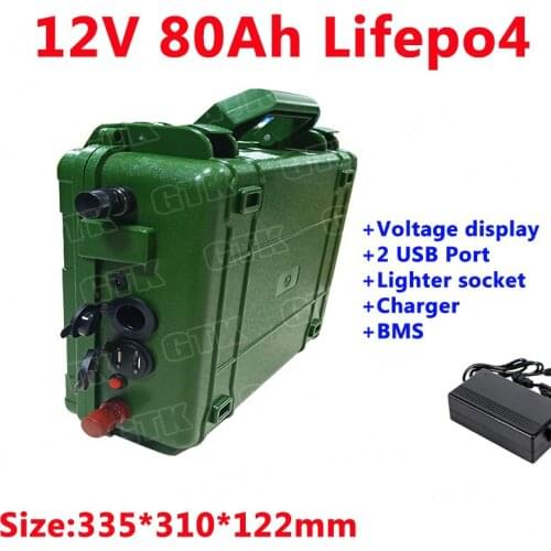 Army green 12V 80Ah Lifepo4 lithium battery pack built-in BMS for field survival Large ship machine +10A charger