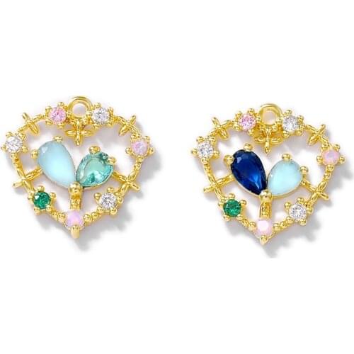 Factory wholesale Gold Color Brass and Zircon Heart Charms Pendants Necklace and Bracelet Earring Diy Jewelry Accessories