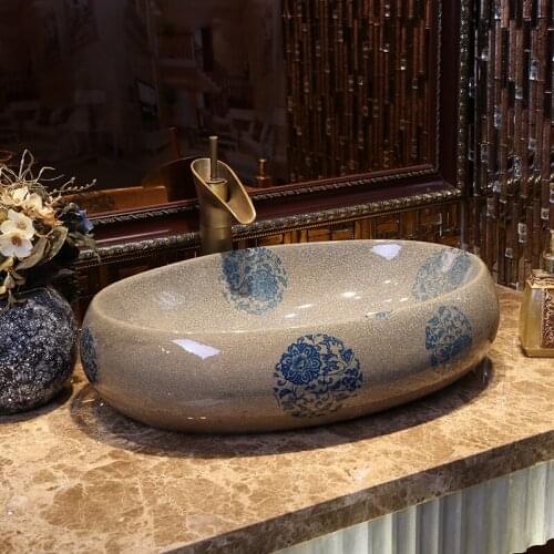 Oval Handmade China Artistic Art wash basin Ceramic Counter Top Wash Basin Bathroom Sinks blue and white handmade bathroom sinks
