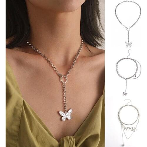 Harajuku Punk Butterfly Choker Necklace Women Men Collares Gothic Hip Hop Hollow Butterfly Pendant Necklace Double Layer Jewlery