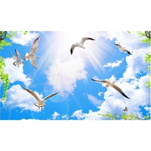 Custom wallpaper 3d ceiling wallpaper for walls 3 d Sunbeams, blue sky, white clouds, branches, seagulls, zenith ceiling, murals