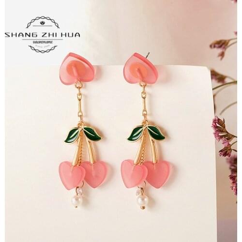 Pink cherry, heart-shaped tassel earrings contracted character joker long women stud earrings