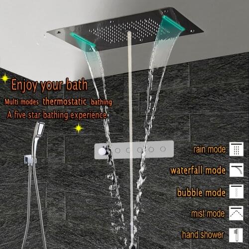 Large flow Thermostatic Concealed Showerselect Mixer LED Ceiling Shower Head Luxury Bath Shower Rain Waterfall Bubble Mist