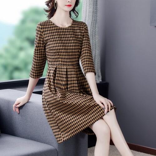 Spring High Quality Vintage Plus Size Houndstooth Dress Autumn Casual Long Sleeve Midi Dress Elegant Women Bodycon Party Vestido