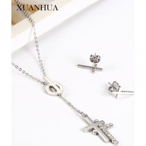 XUANHUA Stainless Steel Jewelry Woman Vogue 2019 Cross Necklace Earrings Set Gifts For Women Jewelry Accessories Chain
