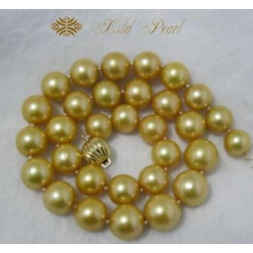 Jewelry Free Shipping gorgeous 9-10mm south sea round gold pearl necklace 18inch 14k gold
