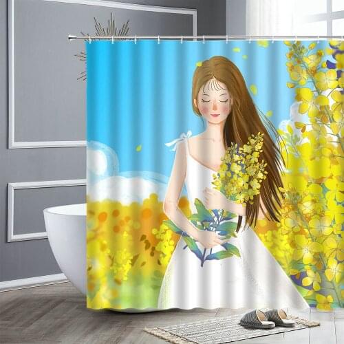 Cartoon Shower Curtains Lovely Girl Animal Green Plant Childrens Gift Bathroom Curtain Fabric Home Decor Bathtub Bath Screen Set