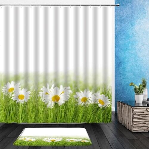 2pcs Set Flower Butterfly Shower Curtains Spring Floral Plant Scenery Pattern Print Bathroom Hanging Curtain With Flannel Mat