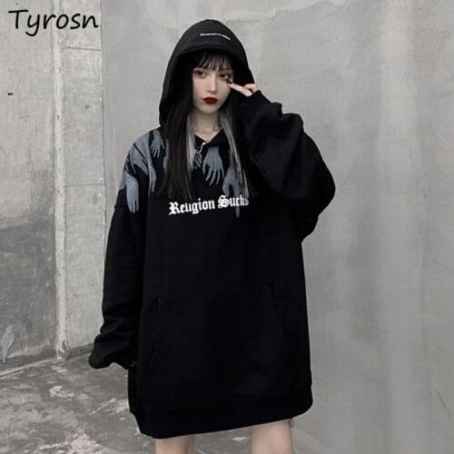 With Hat Hoodies Women Print Hipsters High Street Hip Hop Trendy Oversize Streetwear Vintage Teens Chic Harajuku Bf Style Cozy
